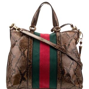 Gucci Brown Python Tote with Red and Green Stripe